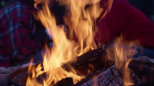 Сlose-up Campfire Outdoors, Forks of Flame of Open-air Fire on Countryside