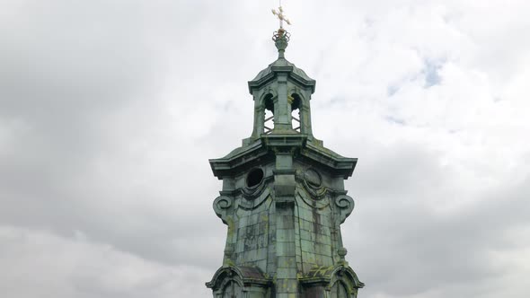 Aerial Drone View Footage of Latin Cathedral Church Dome in City Lviv Ukraine Cloudy Sky Background