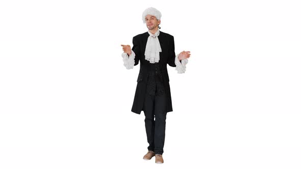 Man in Oldfashioned Frock Coat and White Wig Talking and Waiving with His Hands Theatrically Looking