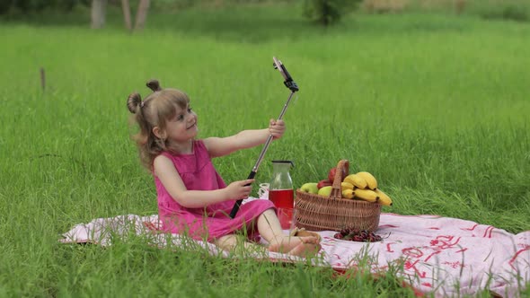 Weekend at Picnic. Girl on Grass Meadow Makes Selfie on Mobile Phone with Selfie Stick. Video Call