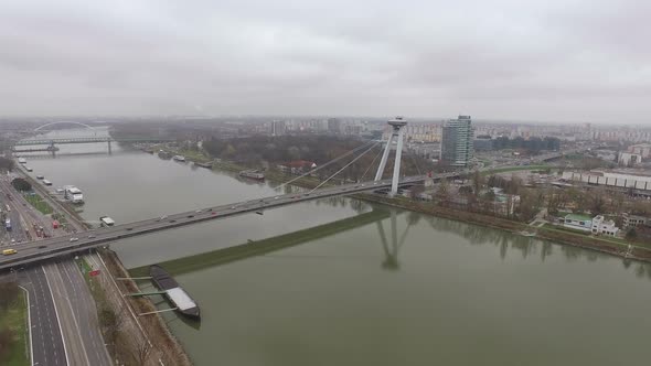 Aerial view of UFO Bridge in Bratislava