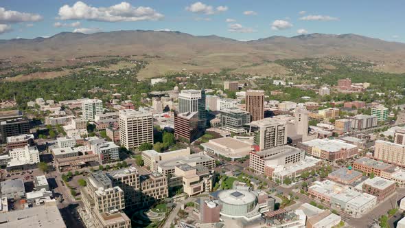 Orbiting drone shot of Boise, Idaho's downtown district on a nice sunny day.