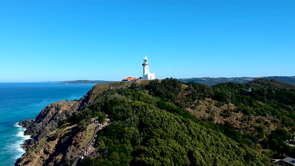 Aerial view of seaside lighthouse in Byron bay, Australia