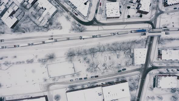 4K winter City Train Birds eye view Drone sequence_001