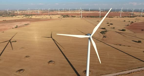 aerial view of a eolic wind mill park in countryside