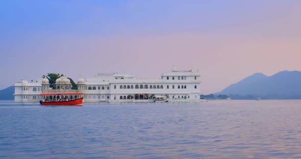 Udaipur Lake Palace Jag Niwas on Island on Lake Pichola with Tourist Boats - Rajput Architecture of