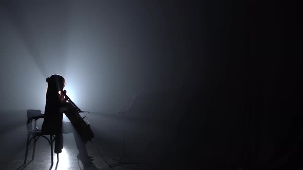 Cellist Playing Her Instrument in a Dark Room and Looking Notes