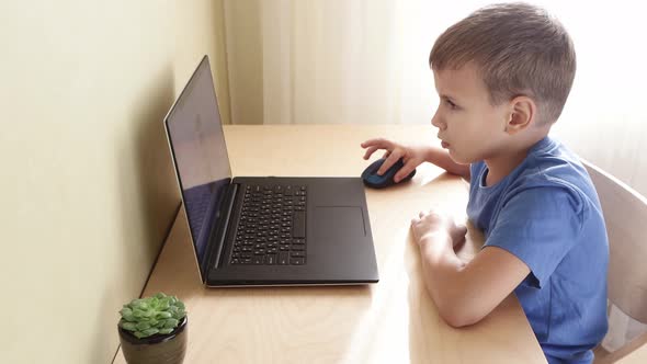 Cute Schoolboy Doing Homework with Computer at Home