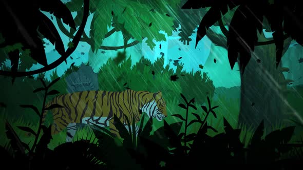 The tiger is walking in dense tropical rainforest during a windy storm.