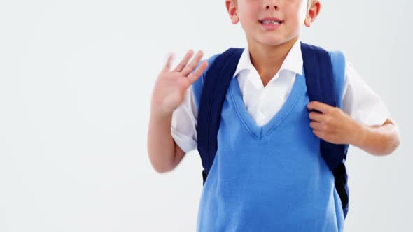 Portrait of smiling schoolboy waving hand