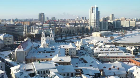 Snow-covered city center of Minsk from a height. The upper city. Belarus