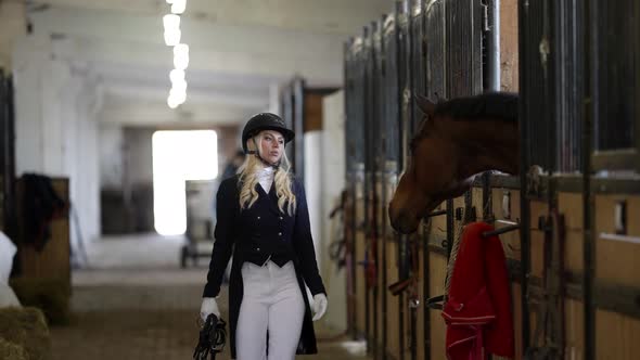 Blonde Lady is Approaching to Her Horse Before Riding in Stable