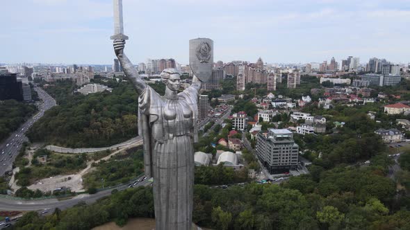 Motherland Monument in Kyiv, Ukraine By Day. Aerial View