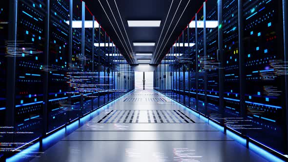 Camera Moving Through Rack Servers in Data Center. Big Data Storage. Modern Internet Network