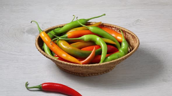 Basket with fresh spicy colorful Chili peppers 