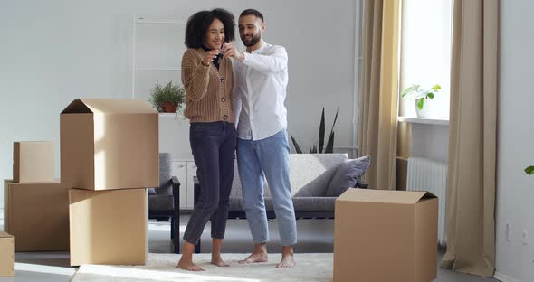 Young Caucasian Man Caring Happy Confident Proud Husband Showing Afro American Woman Black Girl Wife