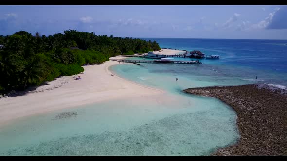 Aerial drone travel of tropical coastline beach wildlife by transparent sea with clean sandy backgro
