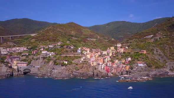 Aerial travel view of Riomaggiore, Cinque Terre, Italy.