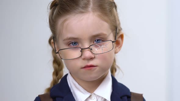 Crying Sad Female Pupil Taking Off Eyeglasses, Childhood Insecurities, Bullying