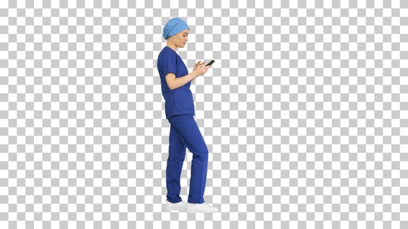 Thinking female doctor using her smartphone, Alpha Channel