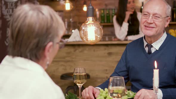 Old Man on a Date Chatting with His Partner Over a Glass of Wine