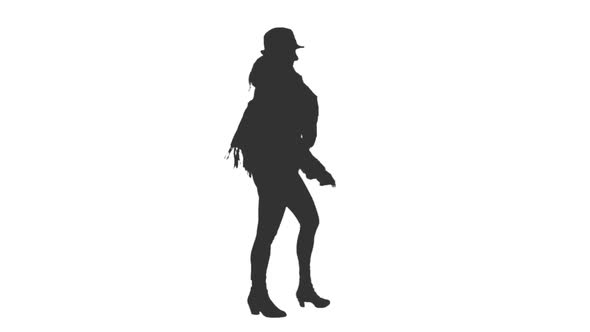 Silhouette of Young Attractive Woman in Hat Walks in the Street, Alpha Channel