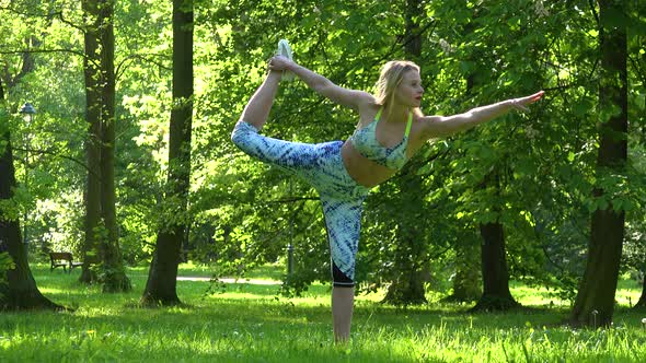 A Fit Beautiful Woman Does Yoga in a Park on a Sunny Day