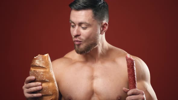 Handsome muscular man with different food