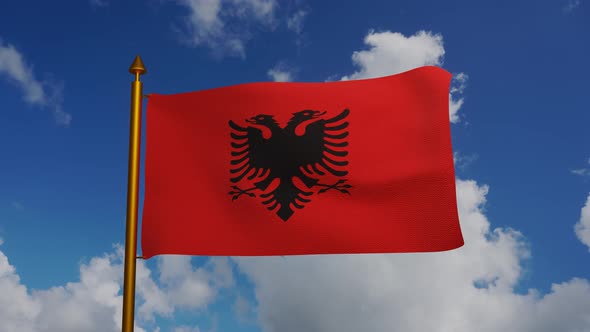 National flag of Albania waving 3D Render with flagpole and blue sky timelapse