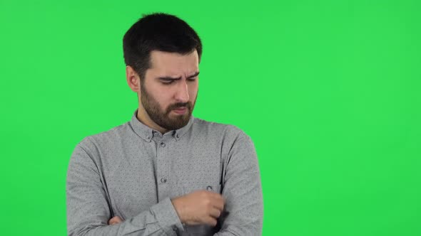 Portrait of Brunette Guy Focused Thinking About Something, No Idea. Green Screen