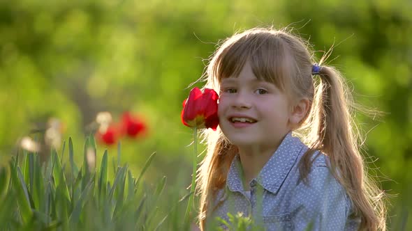 Pretty Child Girl Smiling Happily Near Red Flower in Summer