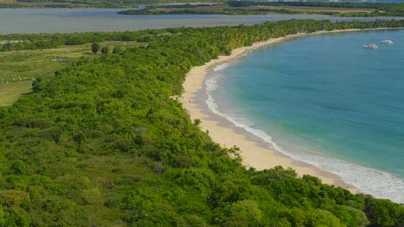 Aerial of beautiful sea coast and green island at Grande-Anse, les Saintes