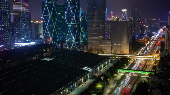 Shenzhen Central Business District Aerial Panorama China Timelapse at Night Pan Up