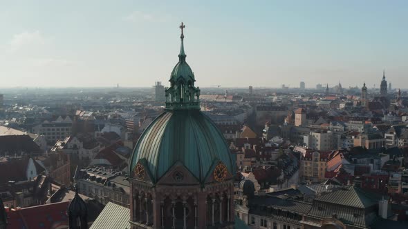 Close Up Aerial View of Cathedral Church Top with Christian Cross and Clock on Tower, Beautiful Old