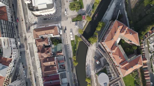 Directly above view of Ria de Aveiro canals and downtown cityscape, Portugal