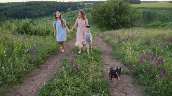 Mom with Children and a Dog Are Walking in Nature