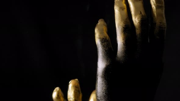 Close-up of a Young Woman's Hands in Black and Gold Paint on Skin in a Dark