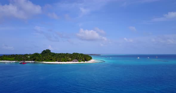 Daytime above clean view of a white sand paradise beach and aqua turquoise water background in 4K