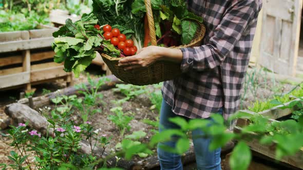 Mature woman holding basket of vegetables