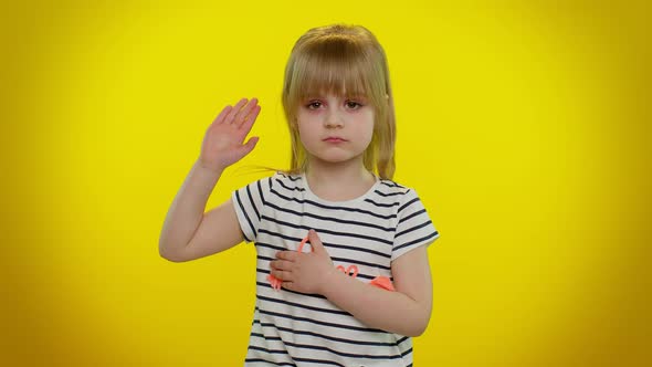 Kid Child Swear to Be Honest Aising Hand to Take Oath Promising to Tell Truth Keeping Hand on Chest