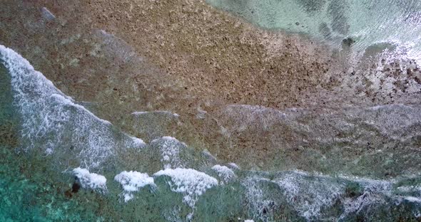 Wide angle birds eye abstract view of a paradise sunny white sand beach and aqua blue water backgrou