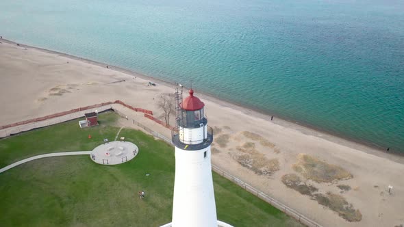 Fort Gratiot Lighthouse in Port Huron, Michigan with drone videoing in a circle.