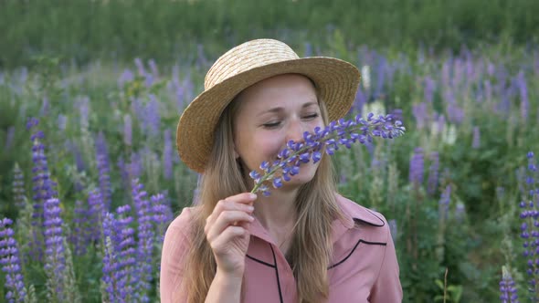 Woman Smells Lupin Flowers Spending Time on Fresh Meadow