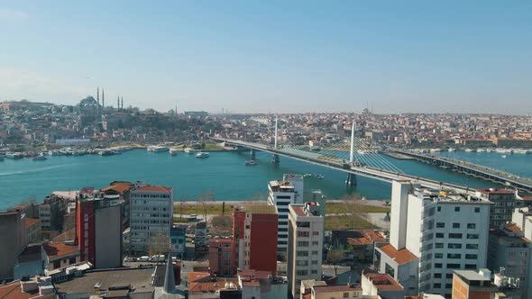 Aerial drone forward moving shot of the rail bridge and road bridge in Istanbul, Turkey. Cable-staye