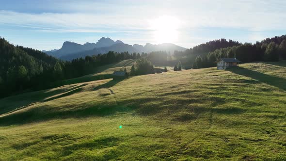 Sunrise on the Seiser Alm in the Dolomites mountains