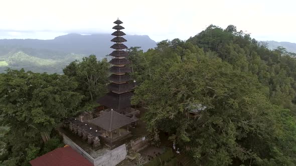 Aerial view of multi-storied pagoda on a elevation terrain, Bali, Indonesia.