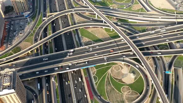 Aerial hyperlapse of big crossroad in Dubai, United Arab Emirates.