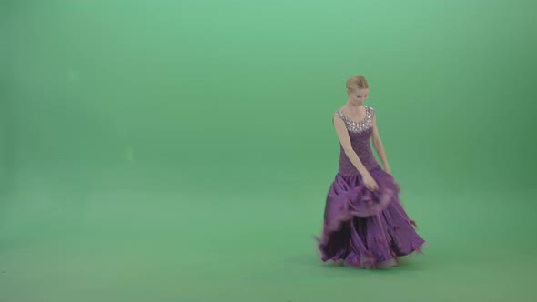 Royal Princess Girl Makes Reverence And Spinning In Violet Dress On Green Screen