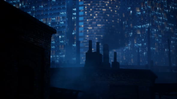 Skyscrapers of Business Center and Pipes of Factory Polluting Air alt