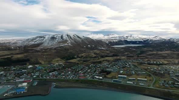 Aerial Scenic View of the Historic Town of Husavik Iceland